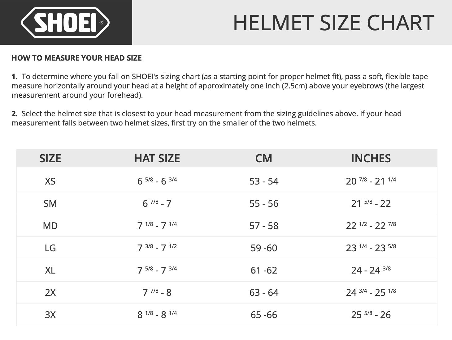 Shoei helmet size chart